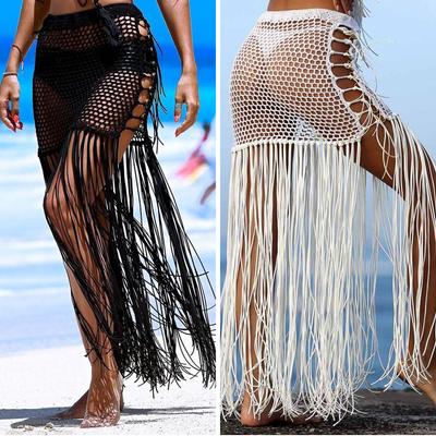 Women Crochet Swimwear Bikini Cover Up Beach Maxi Skirts Wrap Sarong Pareo High Waist Long Tassel Solid Swimsuits