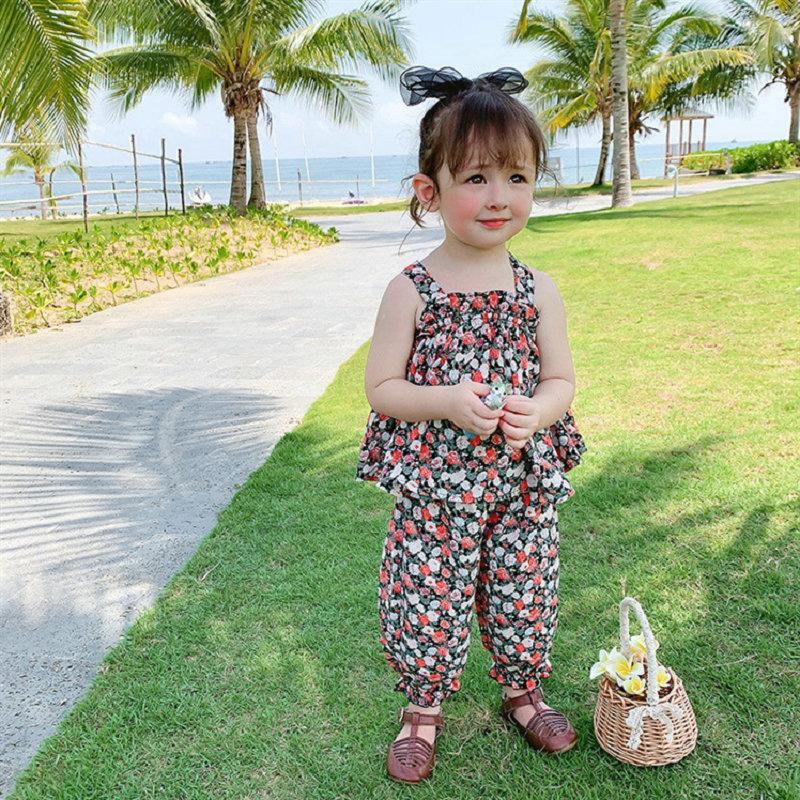 MAITA Summer New Girls' Set Flower Strap Top and Crop Pants