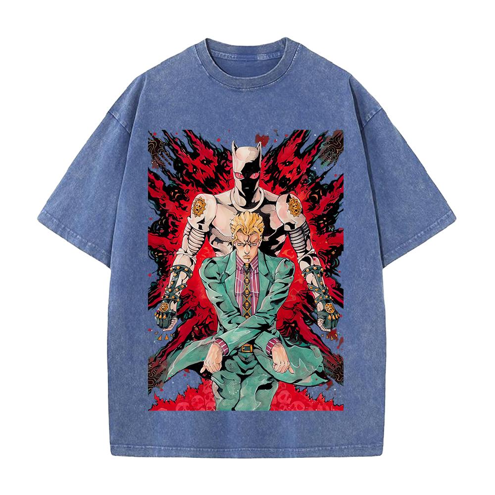 JoJo's Bizarre Adventure Yoshikage Kira Killer Queen Bedrucktes T-Shirt Herren Kleidung Gewaschenes Baumwoll-T-Shirt Vintage Lässig Streetwear