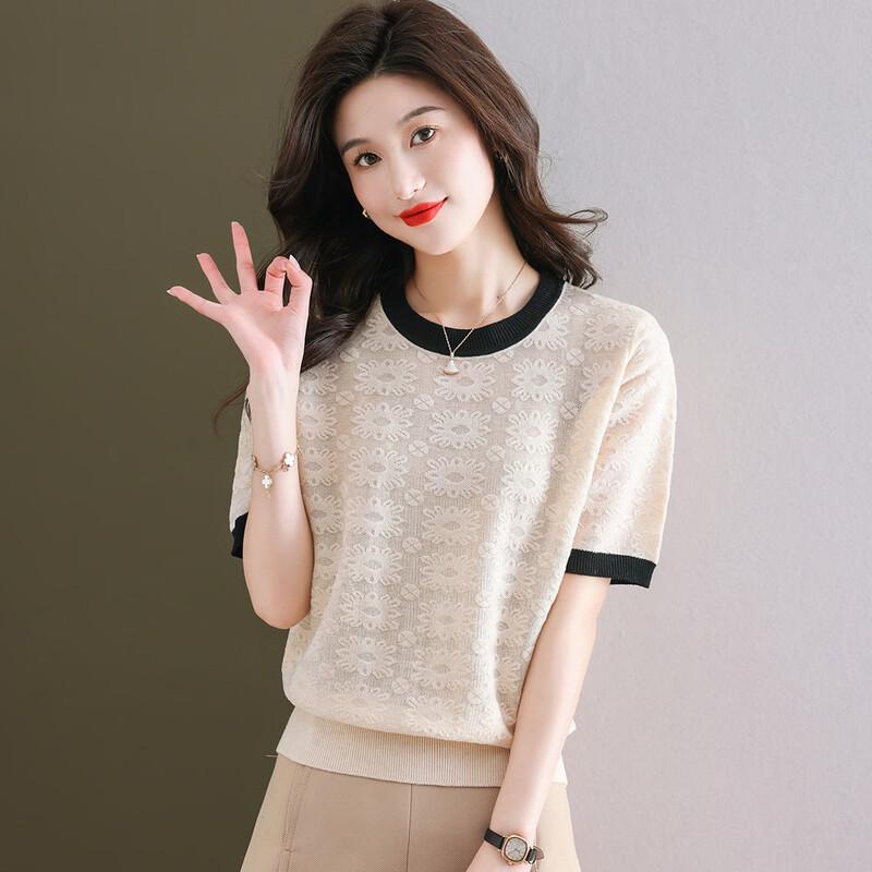 

SNOWFLYING Women s Jacquard Colorblock Knit Short-Sleeve T-Shirt XL