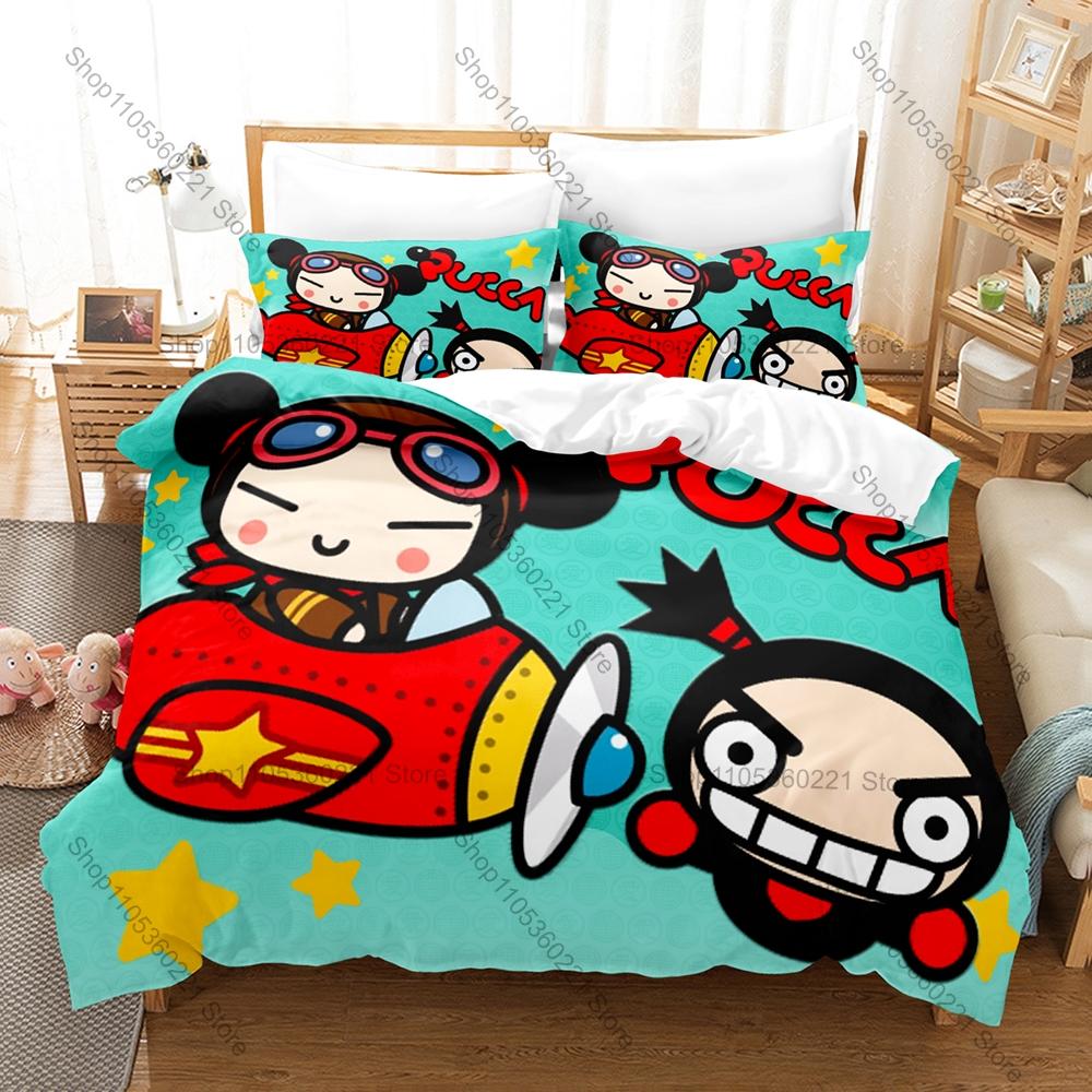 Cool Cartoon Pucca & Garu Bedding Set 3 Piece Lovely Kpop Pattern Duvet Cover Set Single Twin Full Queen King Size Decor