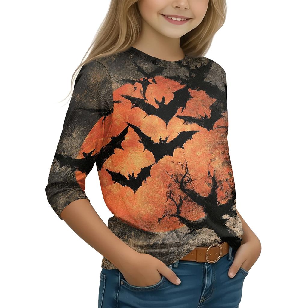 Kids Halloween Printed T-Shirt with Pumpkin Witch Design, 7/8 Sleeve Round Neck Top for Daily Wear
