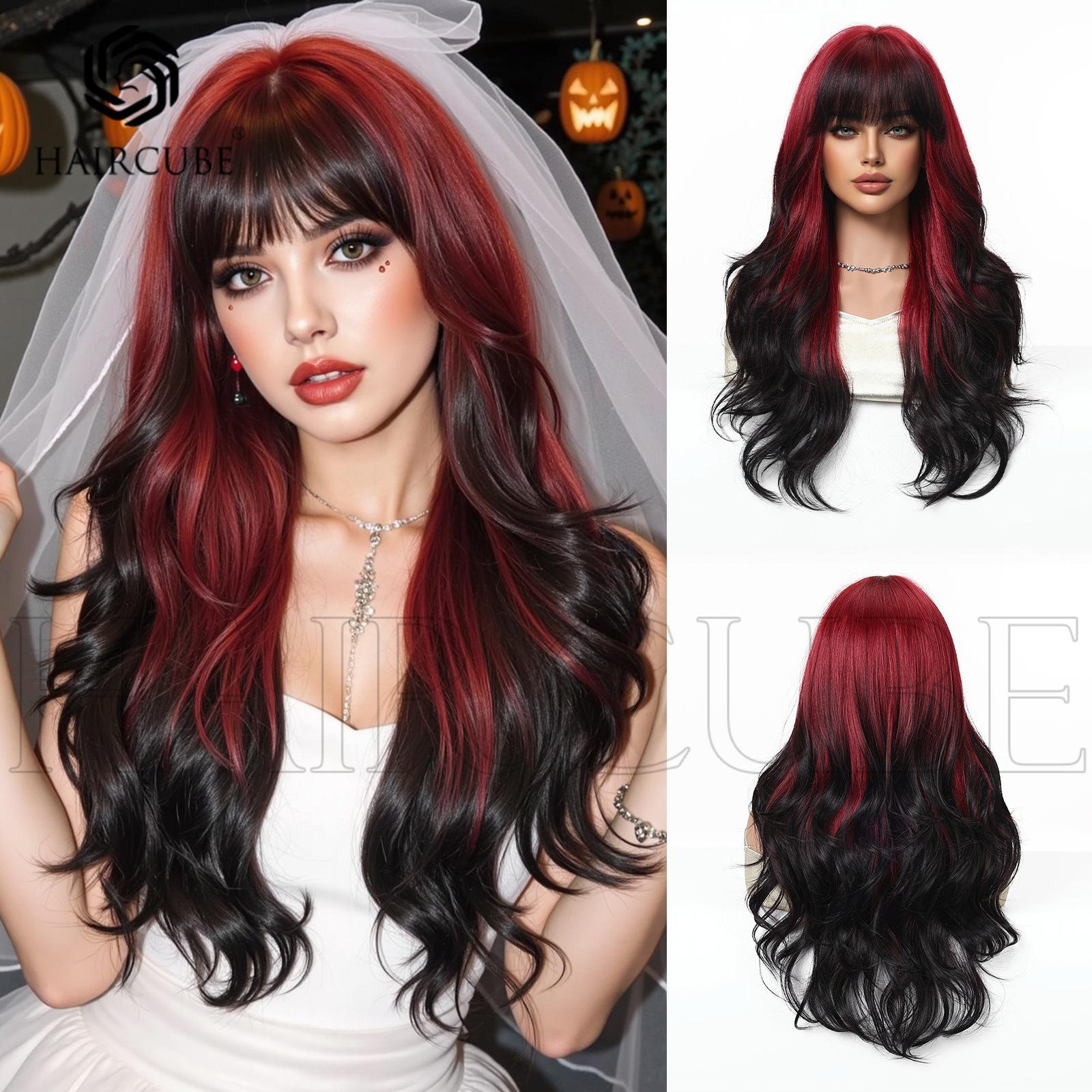 Neptune Red Long Curly Synthetic Wig - Full Head, European/American Style