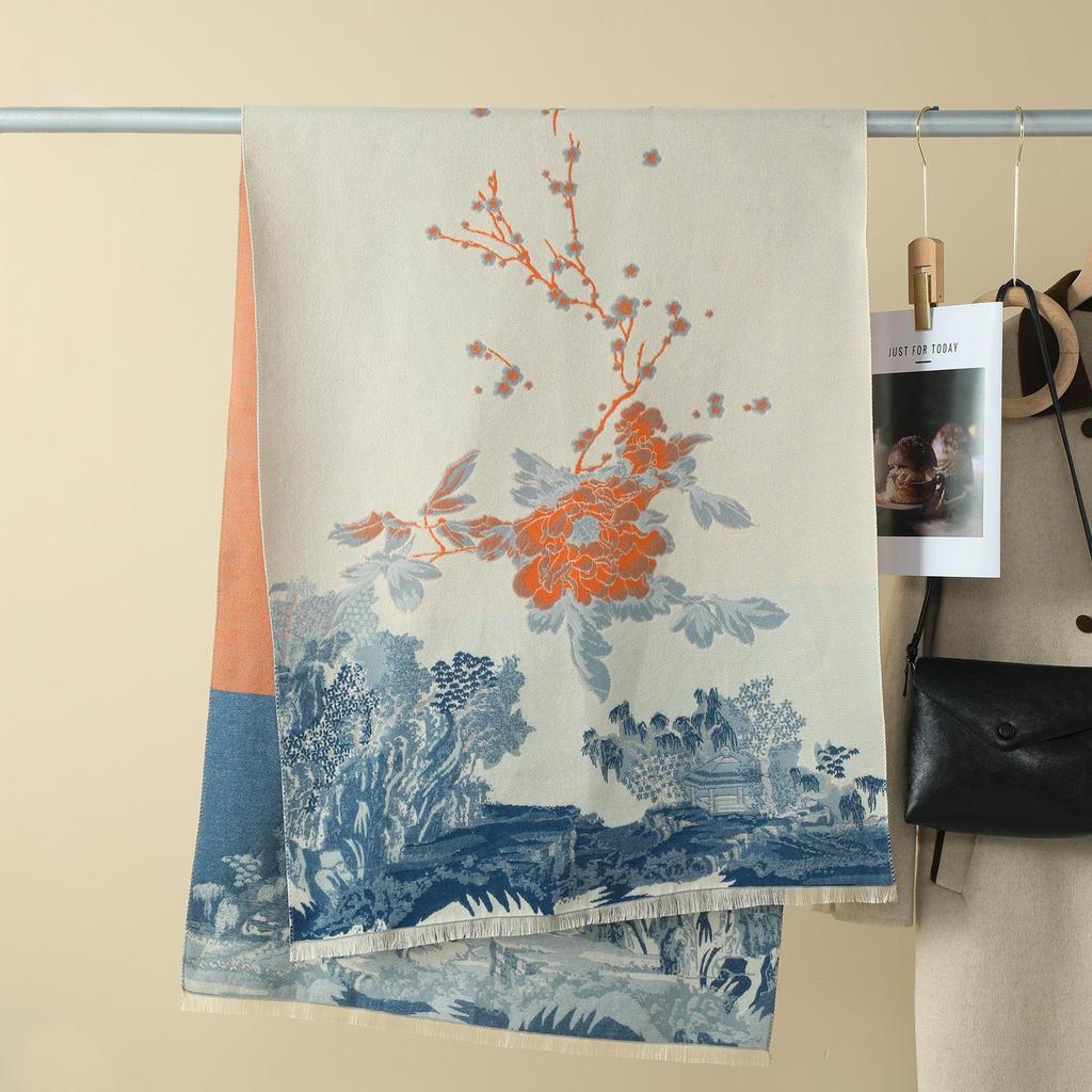 Double-Sided Women's Winter Ink Painting Snood: Imitation Cashmere Scarf for Air-Conditioned Rooms.