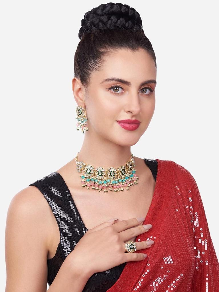Rosa und Grüne Perlen Cluster Tropfen Kundan Choker Halskette Ohrringe und Ring Set für Damen