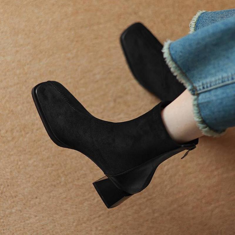Podzimní a zimní semišové módní kozačky dámské gumová podrážka velká velikost dámské kozačky střední podpatek čtvercová špička zadní zip kožené kozačky čtvercový podpatek medi