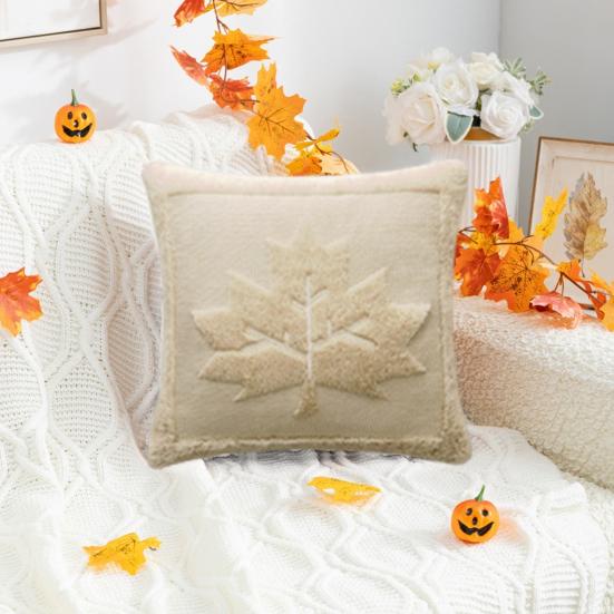Fall Throw Pillow Cover 18"x18" Plush Pumpkin Pillow Cover Fluffy Maple Leaf Decorative Cushion Cover for Sofa Bedroom Car