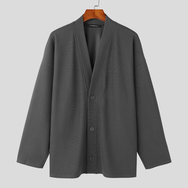 

INCERUN Осенний мужской трикотажный свободный кардиган с V-образным вырезом и длинным рукавом на пуговицах 4XL темно-серого