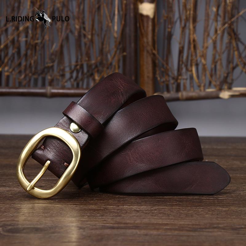 Retro Plisovaný Trendy Pásek s Měděnou Sponou pro Ženy Pravá Kůže První Vrstva Čistá Hovězí Kůže Všestranný Džínový Pás