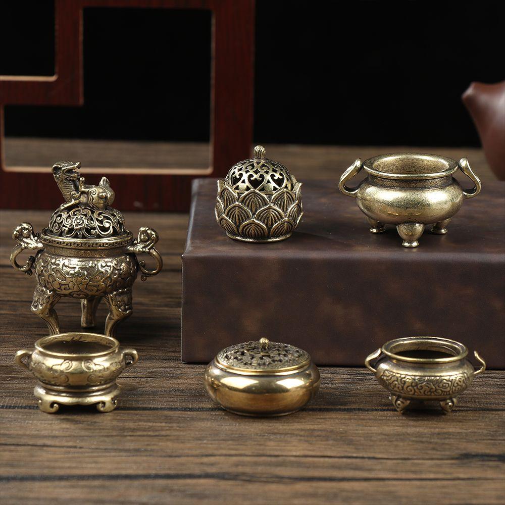 Chinese Ancient Style Home Decoration Cense Stick Holder Mini Qilin Head Hollow Lotus Retro Brass Censer Incense Burner
