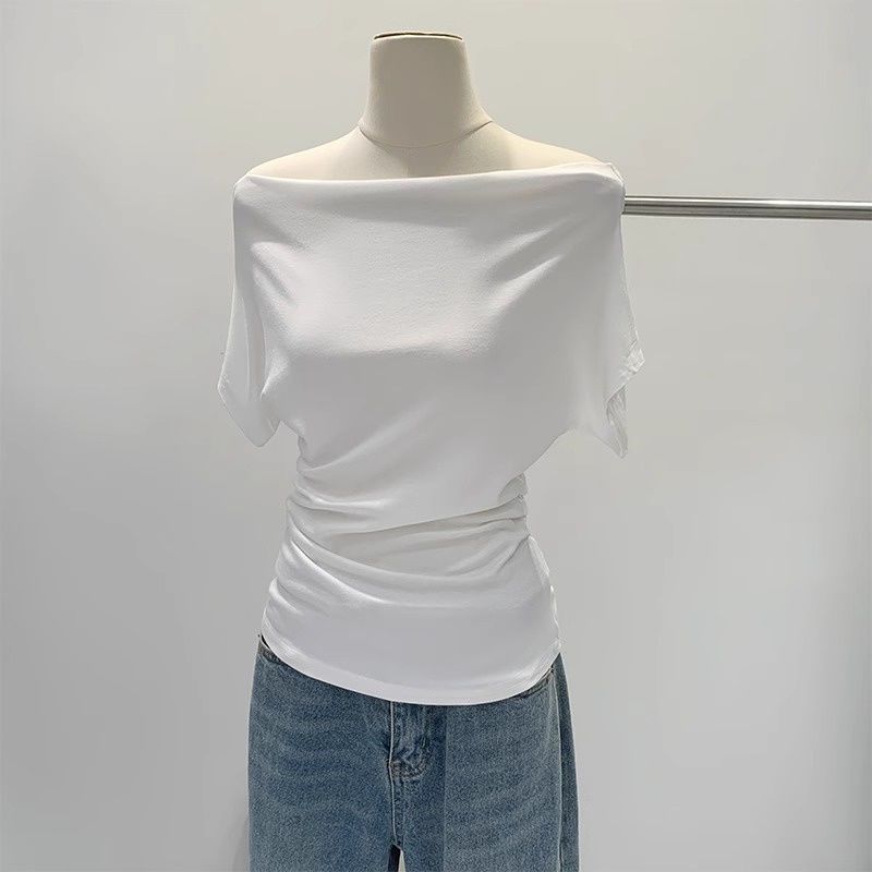 Sommer Reines Verlangen Ein Schulter Schwarz Kurzarm Damen T-Shirt Koreanischer Stil Schlankmachendes Top Freiliegende Schulter Modisch