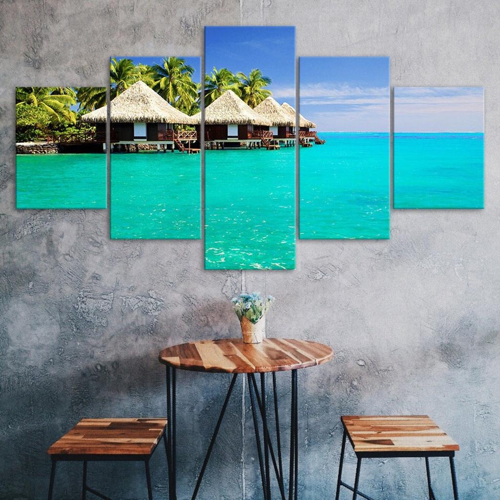Maldives Island Palm Trees Resort Seascape 5 Piece Five Panel Wall Canvas Print Modern Art Poster Home Decor Gift For Him For Her