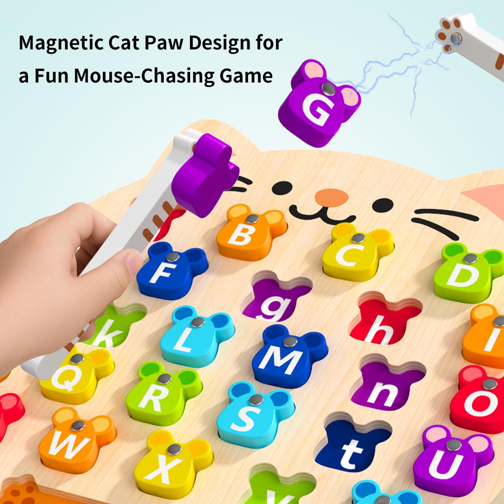 Wooden Cat Magnetic ABC Alphabet Puzzle Board Kids Educational Matching Fine MotorSkill Training Sorting Montessori Activity Toy