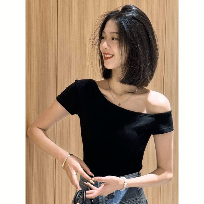 New Spice Girl Pure Desire Wind Slant Shoulder Short Sleeve T-Shirt Niche Fashion Unique Slim Skinny Top ins Women
