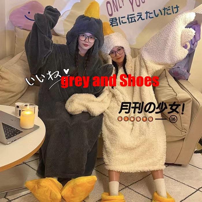 Thicken Coral Fleece Hooded Robe Big Goose Nightgown Funny Goose Couple Cute Cartoon Sleepwear Cosplay Duck Home Clothes