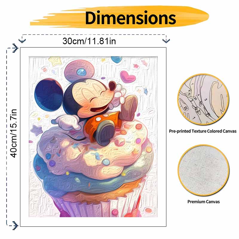 Disney Oil Painting DIY Digital Painting Cute Mickey Mouse with Sweet Cupcake Wall Art for the Living Room or Entryway.