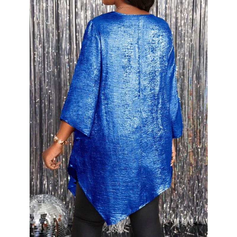 Plus Size Loose Round Neck Three Quarter Sleeve Irregular Hem Top For Women