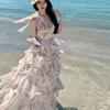 Seaside vacation style travel V-neck sleeveless waist print fairy irregular chiffon slim dress long dress woman