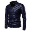 Nueva Chaqueta de Cuero Solapa Hombres Chaqueta PU Cuello Ribeteado Cremallera Cárdigan Chaqueta de Color Sólido Cuero Hombres