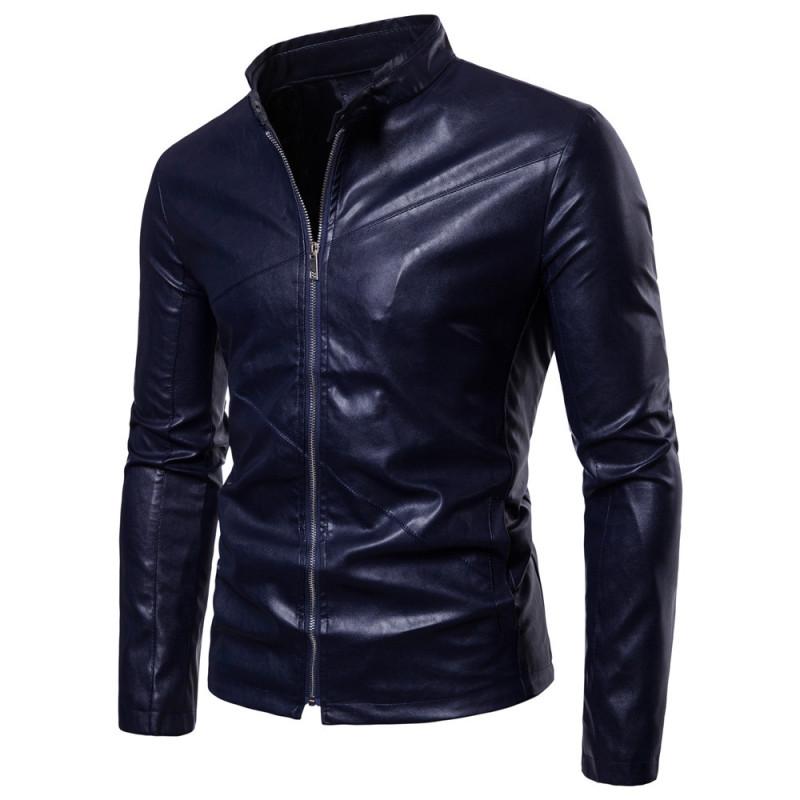 Nová kožená bunda Lapel Pánská PU bunda Trim Límec Zip Cardigan Jednobarevná bunda Kožená Pánská