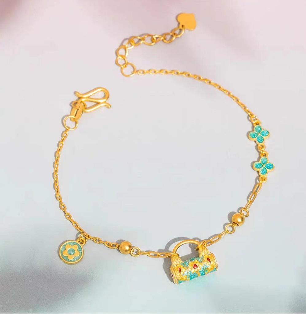 Golden Enamel Lotus Koi Fish Bracelet: Women's Chinese-Style Jewelry