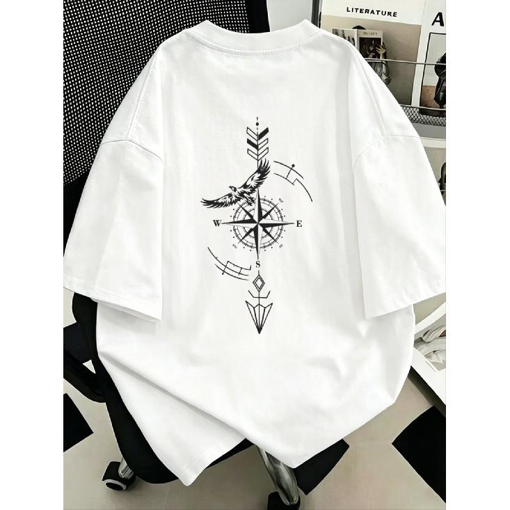 Men's Oversized White Short Sleeve T-Shirt with Back Compass Eagle Graphic Print, Soft Cotton Crewneck Loose Fit Streetwear Top for Casual Daily Wear