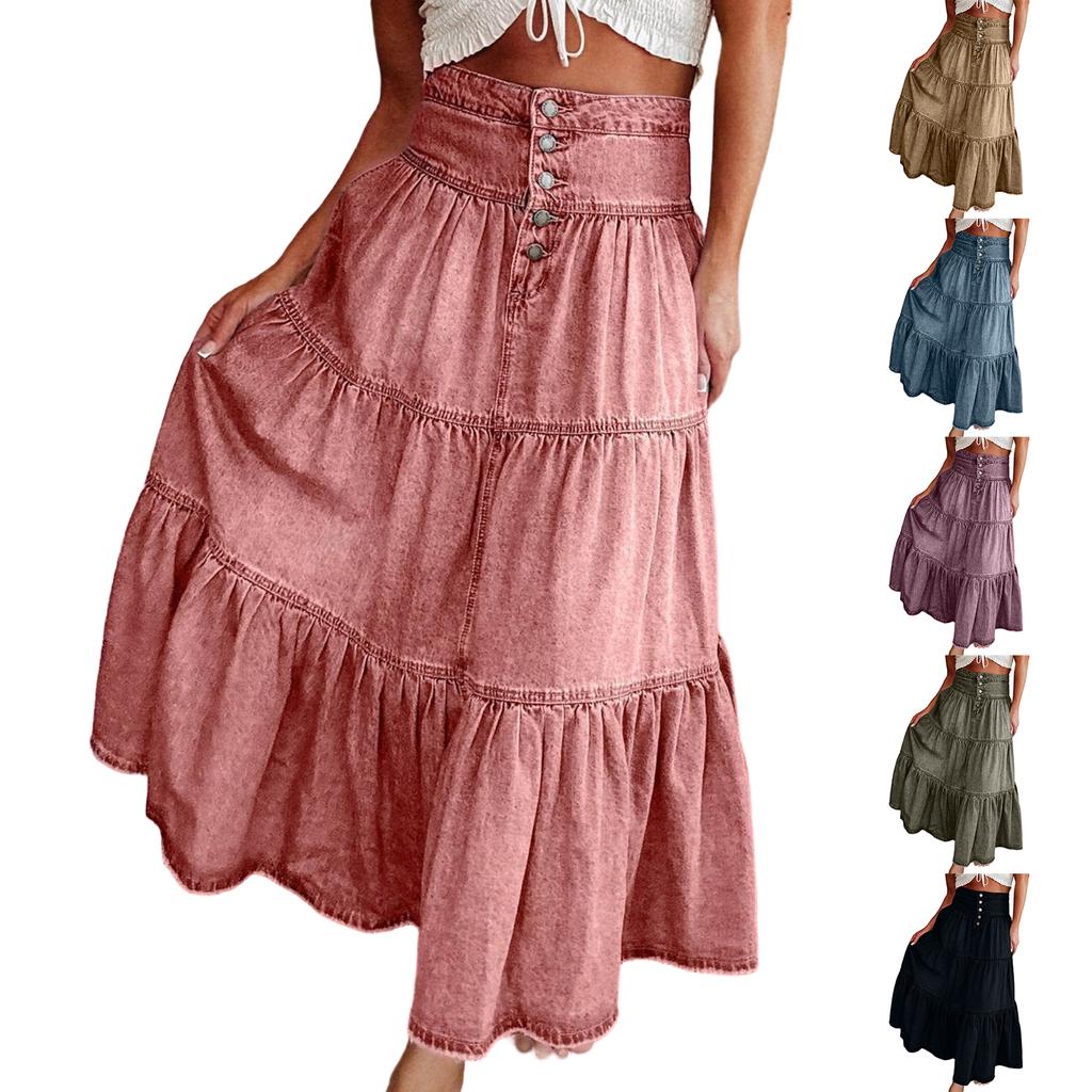 Ladies' Fashionable Retro Button Long Denim Skirt