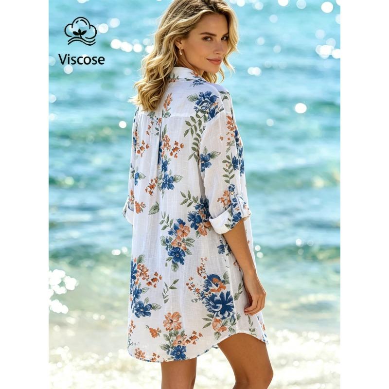 Medium-length Fashion Printed Top, Breathable Lightweight Shawl Cardigan, Long-sleeve Loose Cover-up, Beach Jacket