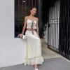 Women's Slim Two Piece Skirt Set Sleeveless Spaghetti Strap Crop Top High Waist Maxi Skirt Ruffle Bow Tie Matching Outfit