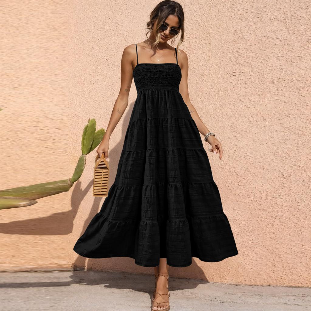 Maxi abito da donna senza maniche a balze con corpetto arricciato e spalline sottili regolabili per uso casual e quotidiano