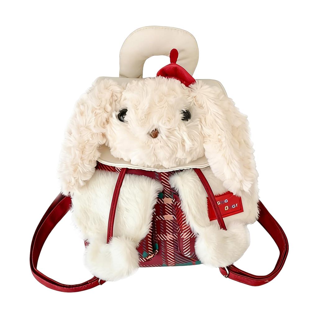 Plush Puppy Flap Backpack Drawstring Casual Grid Pattern Backpacks Cartoon Plaid Shoulder Bag Outdoor Travel Date Backpacks