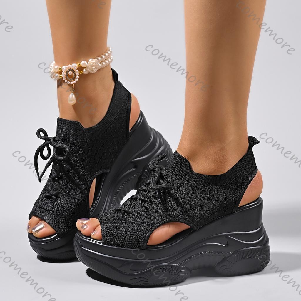 Comemore New Summer Weave Mesh Wedges Sandals Summer Fish Mouth High Heels Casual Sports Beach Shoes Black Roman Sandales Female