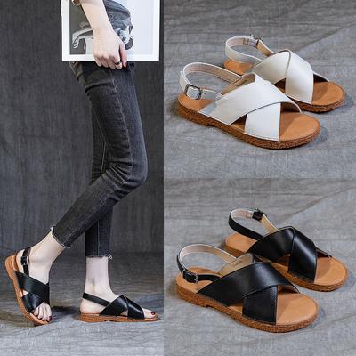 Sandals Women's Cowhide Soft Flat Roman Shoes Casual Fashion Open Toe Cross Strap Simple 2024 New Summer Sandals