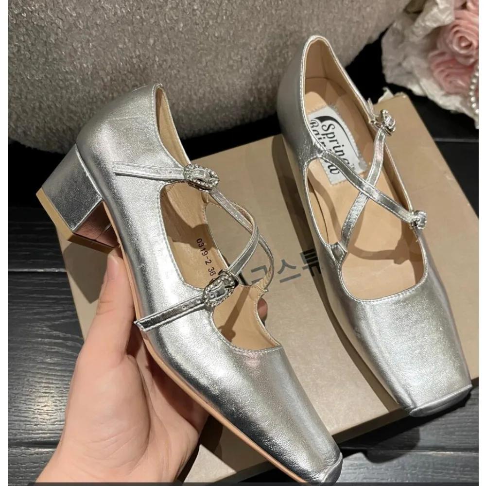 Square Heels Mary Janes Square Toe Med Heels Flats Spring/Autumn Solid Color Women's Shoes Buckle Strap Fashion Ladies Shoes