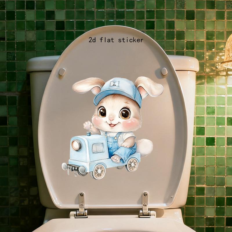 Charming Rabbit in Car Bathroom Toilet Decoration Sticker - PVC Material