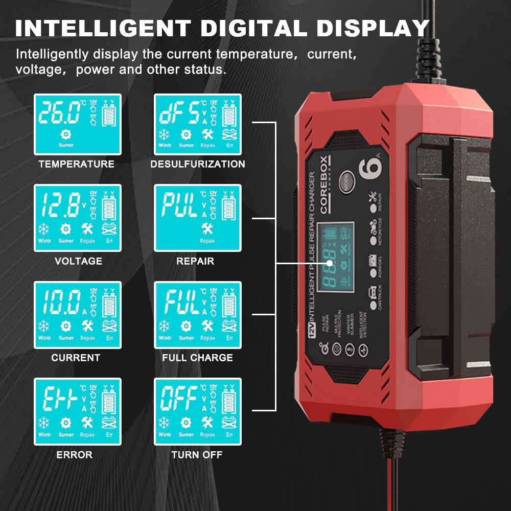 Car Battery Chargers 12V 6A Digital Display Intelligent Pulse Repair For Lead Acid AGM Batteries Charging Household Storage Cell