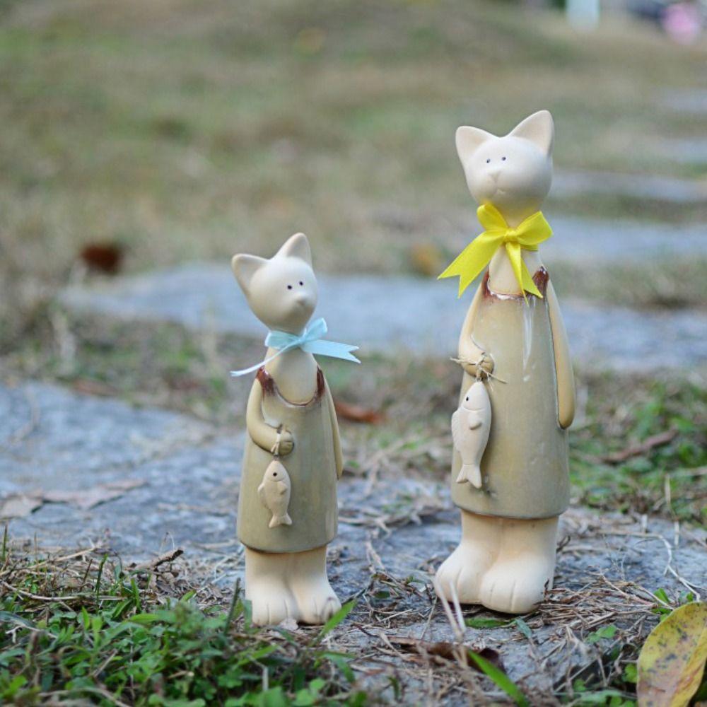 2pcs Desktop Ornament Ceramic Cat Figurines Cute Handicraft Animal Art Statues Modern Miniatures Sculpture Cabinet