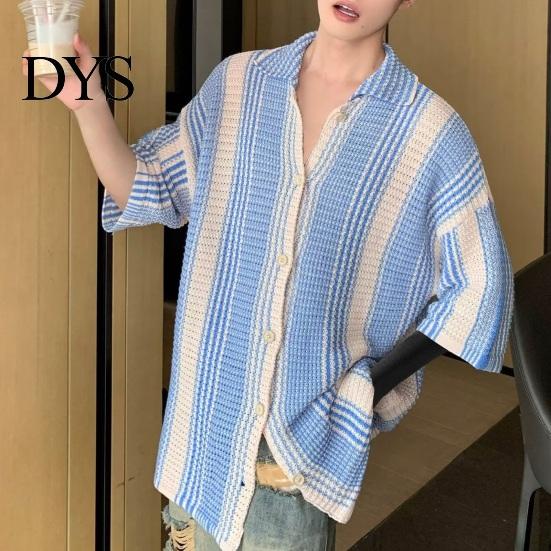 Farbblock-Revershemd Sommer Herren Gestrickt Farbkombination Elastisch Japanischer Stil Einreihig Lässig Kurze Ärmel Retro Schrumpffest Urlaub