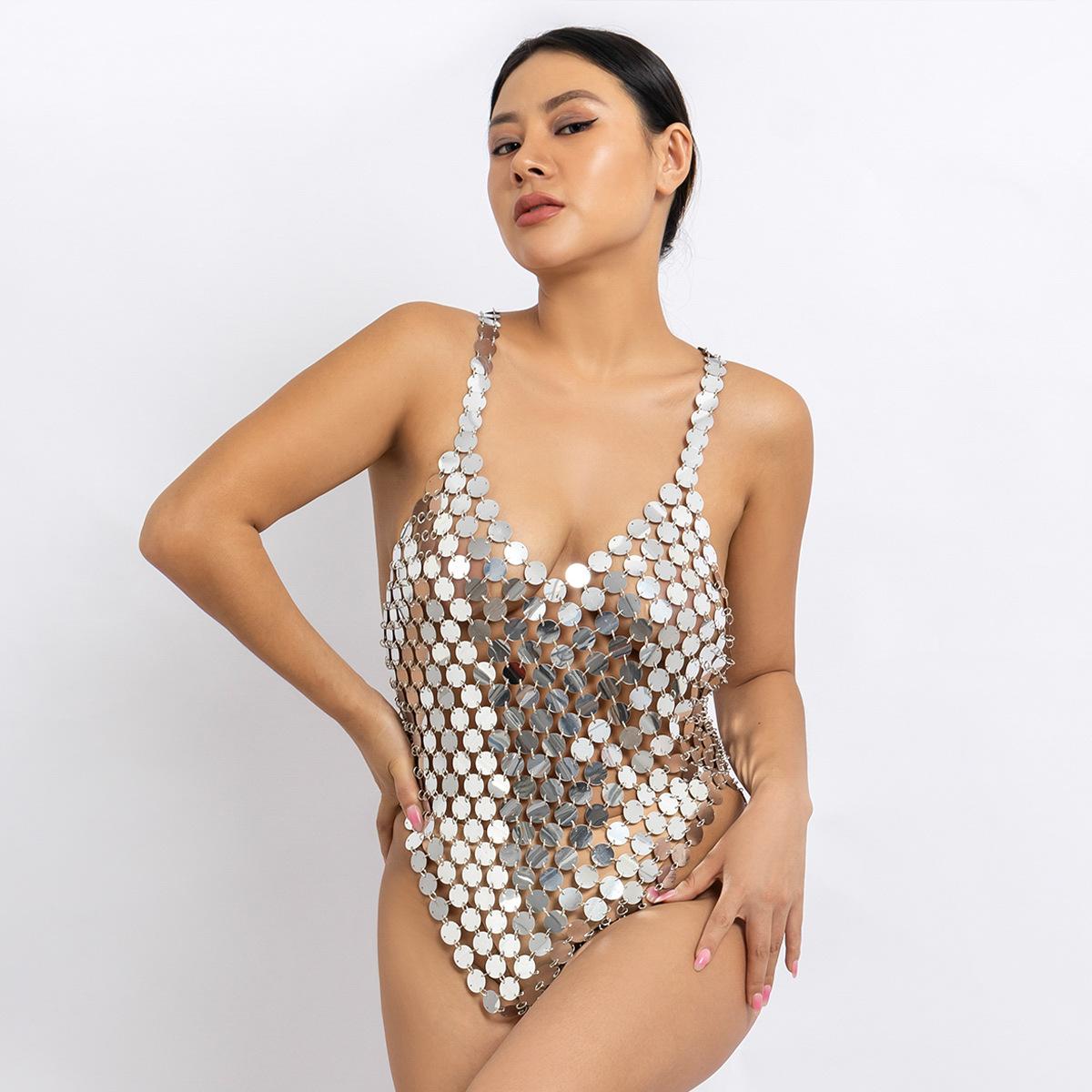XR-26 Fashion Women Night Bar Beach Jewelry Handmade Backless Bikini Body Jewelry Sexy Round Sequins Body Chain Fashion