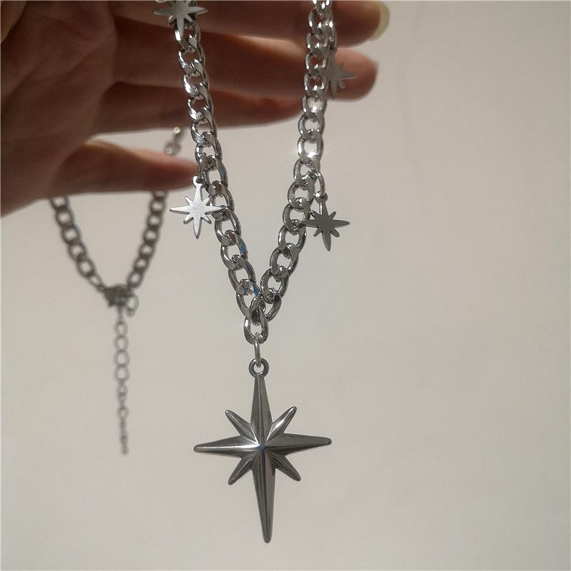Punk Rock Silver Color Cross Star Pendent Metal Chain Choker Necklaces Accessories For Women Man Y2K Personalized Grunge Jewelry