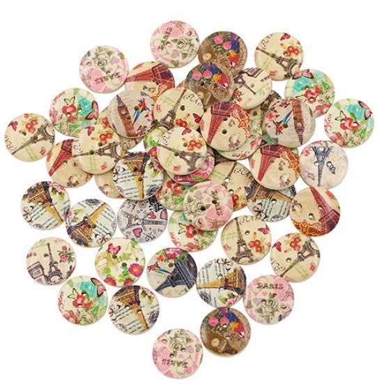 50 Pcs Eiffel Tower Flower 2 Holes Wooden Buttons Sewing DIY Craft Scrapbooking