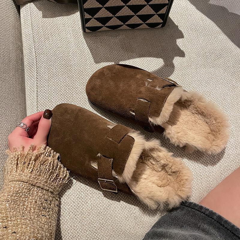 Ji platform Birkenstock shoes women's retro bag head half drag one pedal lazy shoes plush warm fluffy shoes soft sole