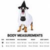 Dog Costume Set with Draped White Garment, Black Pointed Hat, Candy Bucket, and Structure Without Ties or Zippers