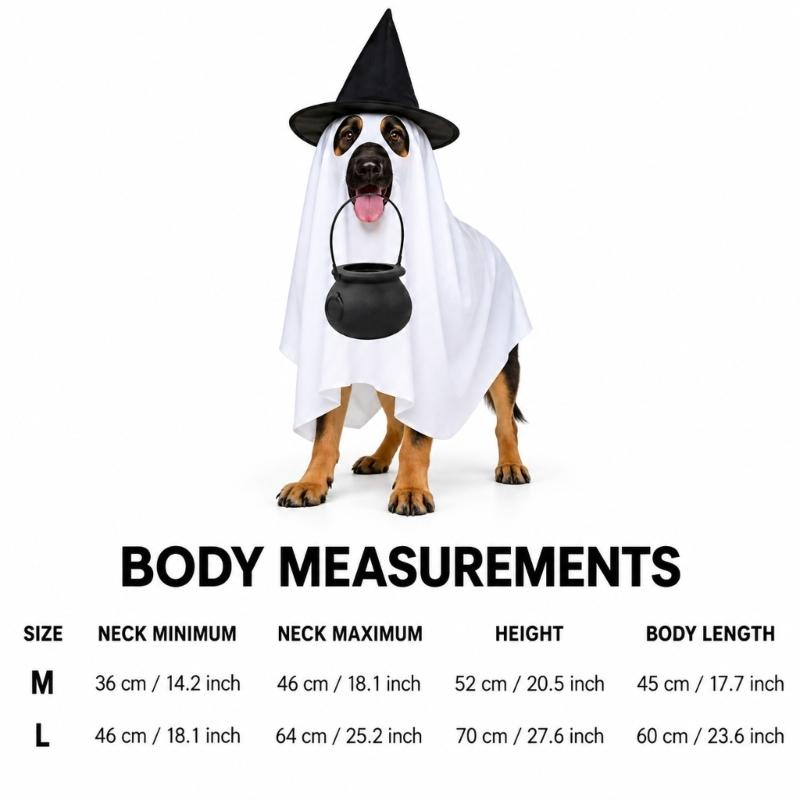 Dog Costume Set with Draped White Garment, Black Pointed Hat, Candy Bucket, and Structure Without Ties or Zippers