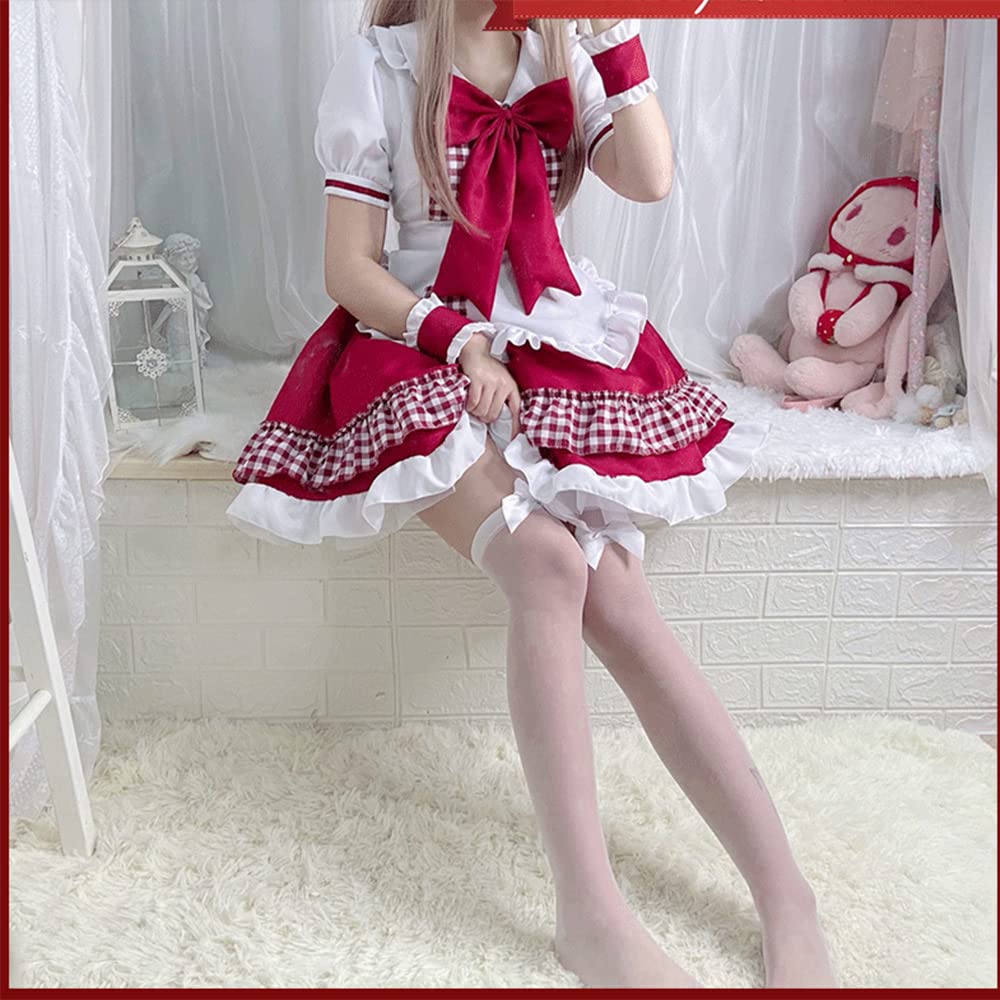 Plaid Maid Red and with Sexy and Cute Adult Dress with Socks [RPFLQ] Outfit, Black, Bow, Christmas, Cosplay, Halloween, Women's, Apron, Headband,