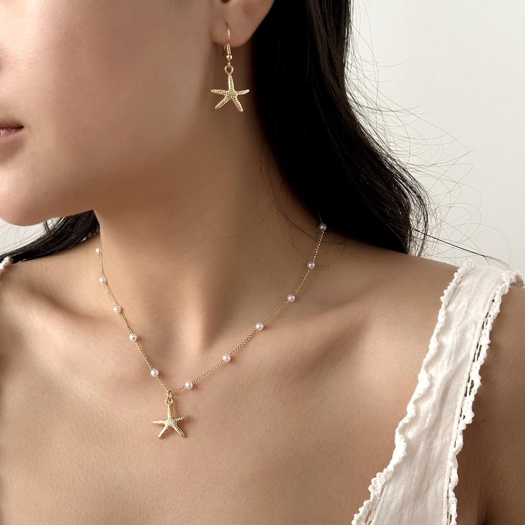 Handmade Imitation Pearl Starfish Pendant Necklace Bracelet Set for Women Girls Summer Trendy Beach Holiday Party Jewelry Set