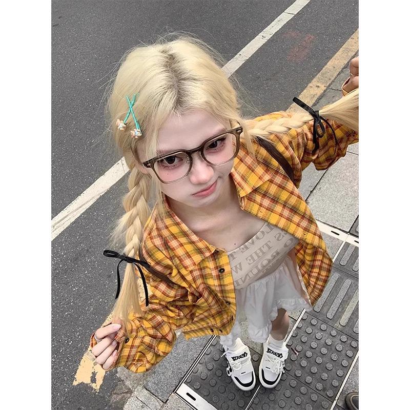 

2025 Желтая клетчатая рубашка оверсайз с длинным рукавом в стиле харадзюку для женщин на весну/осень XXL