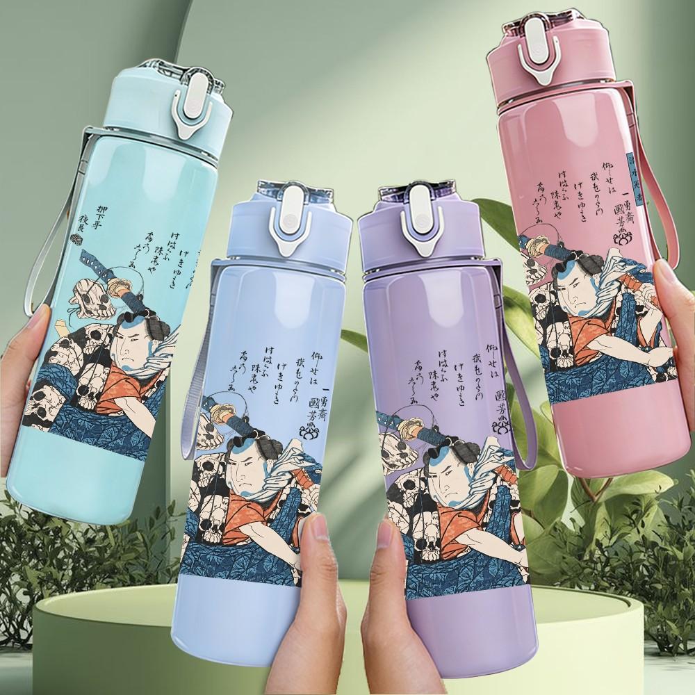 1PC Blank pale white off-white sketch print 750ml colorful plastic sports water bottle leakproof pop up lid with straw for outdoor work home use