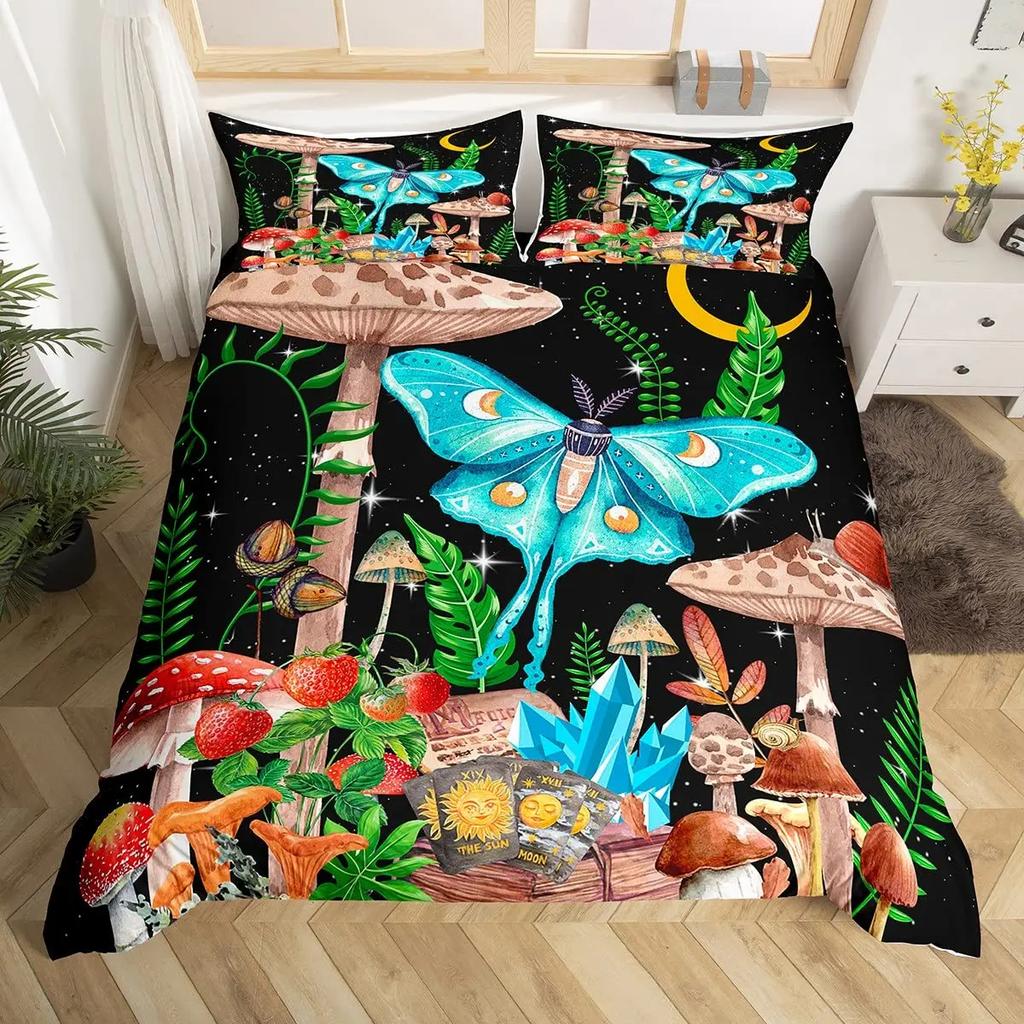 Glitter Starry Sky Galaxy Duvet Cover Mushroom Butterfly Quilt Cover Microfiber Star Moon Palm Leaves Flowers Queen Bedding Set