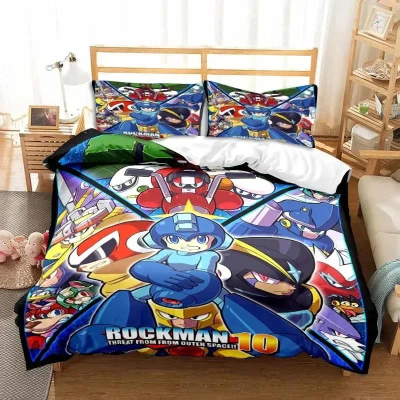Rockman Megaman Game Cartoon Bedding Set Printed With Pillowcase Bed Duvet Cover Soft Queen King Size Bedclothes Home Boys Gift